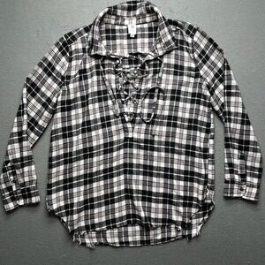 Flawless‎ Women Plaid Lace Up Flannel Shirt Black White Small Casual Tunic